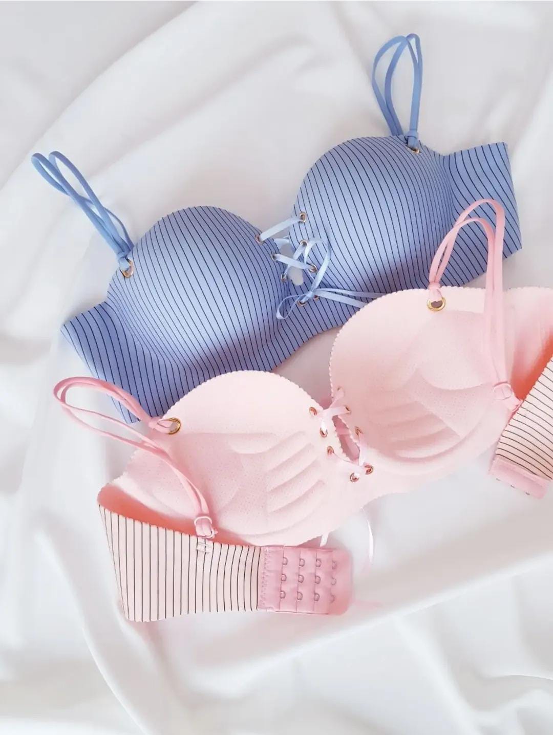 Front Stripped Laces Pushup Underwire Bra