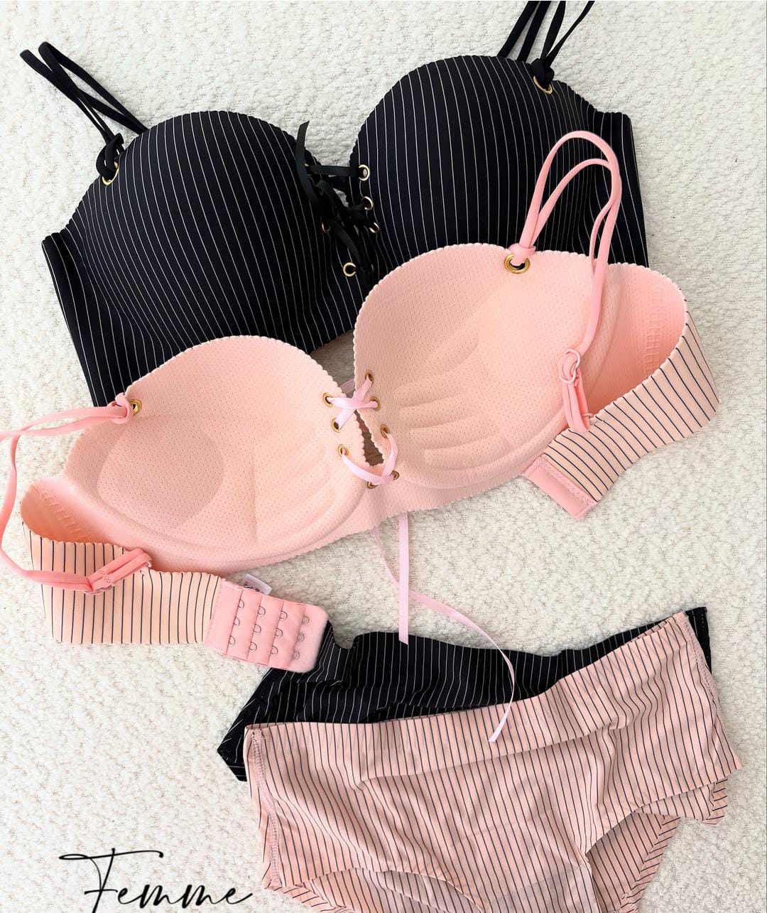 Front Stripped Laces Pushup Underwire Bra