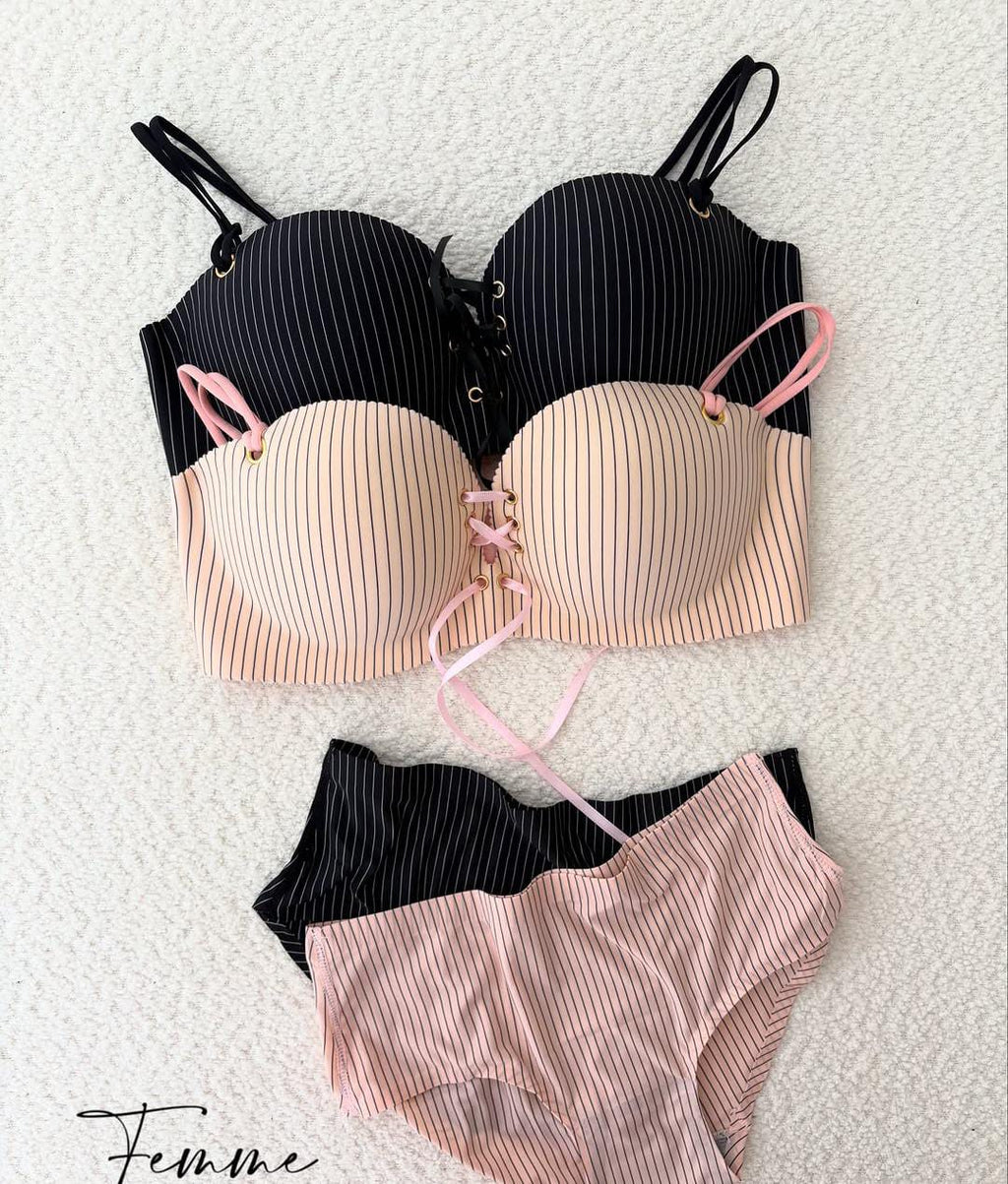 Front Stripped Laces Pushup Underwire Bra