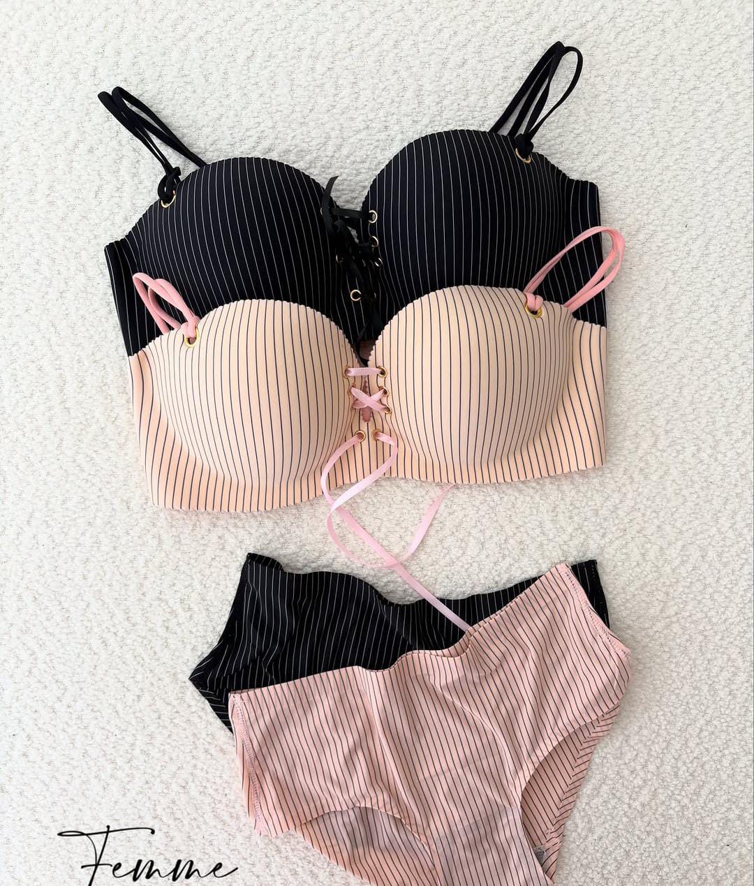 Front Stripped Laces Pushup Underwire Bra